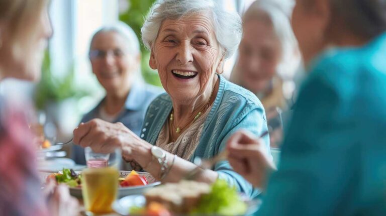 A group of older adults and children working together on a craft project at a communal table.
